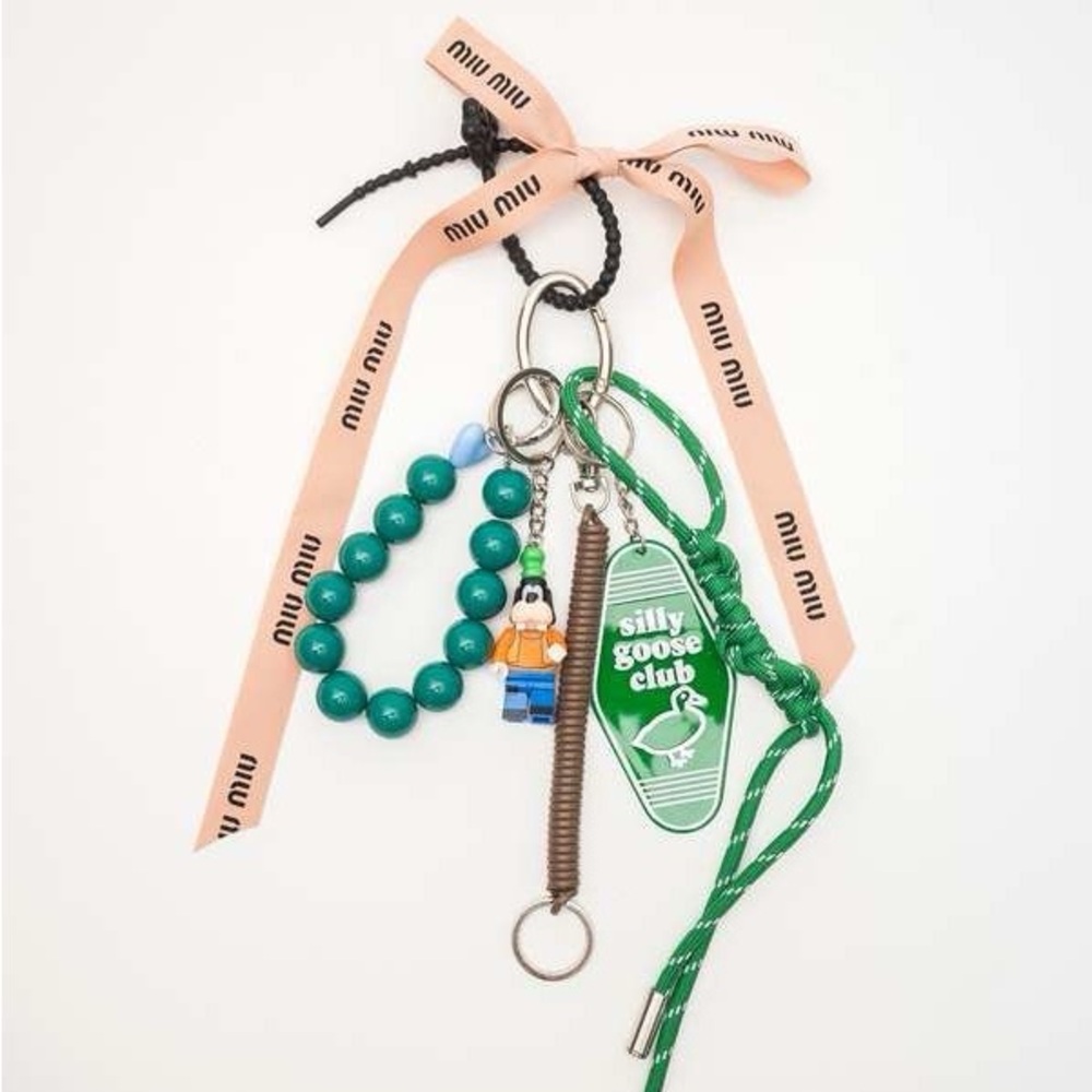 Miu Miu Keychain with Green Beads and Pink Ribbon